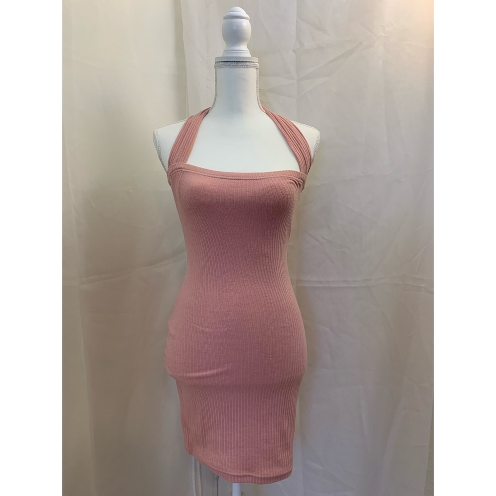 Pink Halterneck Ribbed Bodycon Dress - Picture 2 of 8